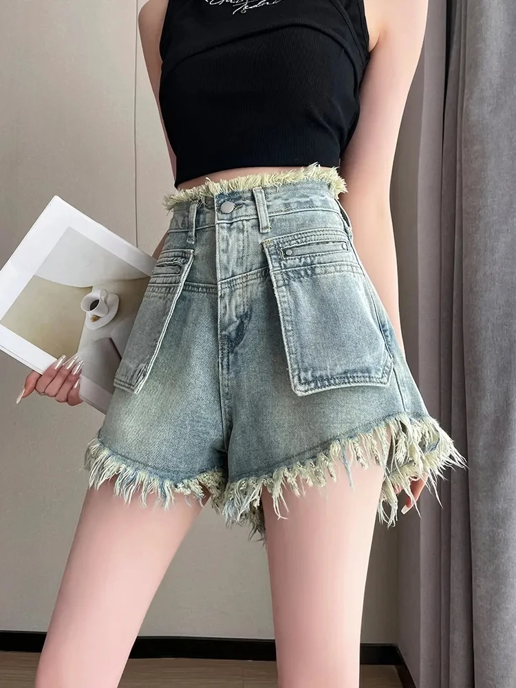 

Burrs Tassels Denim Shorts for Women 2024 Summer New Versatile High Waist Slimming Large Pocket A- line Wide Leg Hot Pants