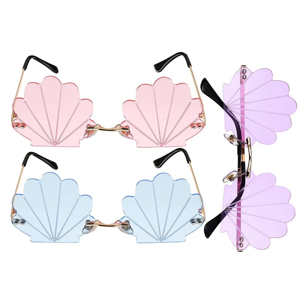 

3pcs Seashell Shape Sunglasses Funny Rimless Eyewear For Beach Party Photo Booth Props Summer Themed Gathering Novelty Uv