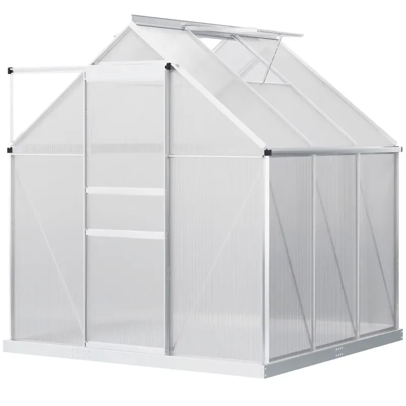 6x6 Heavy-Duty Garden Greenhouse for Polycarbonate Adjustable Roof Vent Silver Sliding Door Rain Gutter Green Model