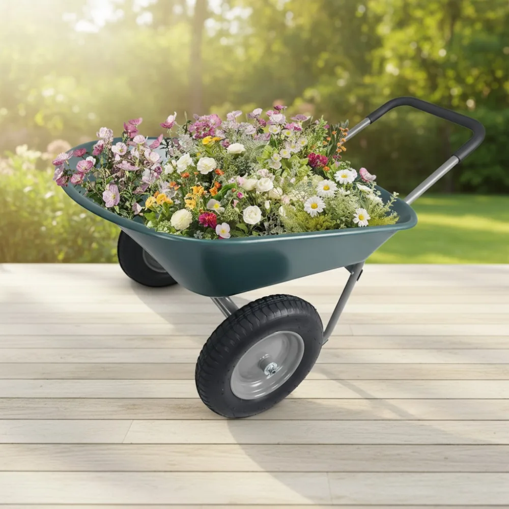 

Heavy Duty Dual Wheel Garden Cart with Built-in Stand - 300 lbs Capacity Utility Wheelbarrow for Home Yard