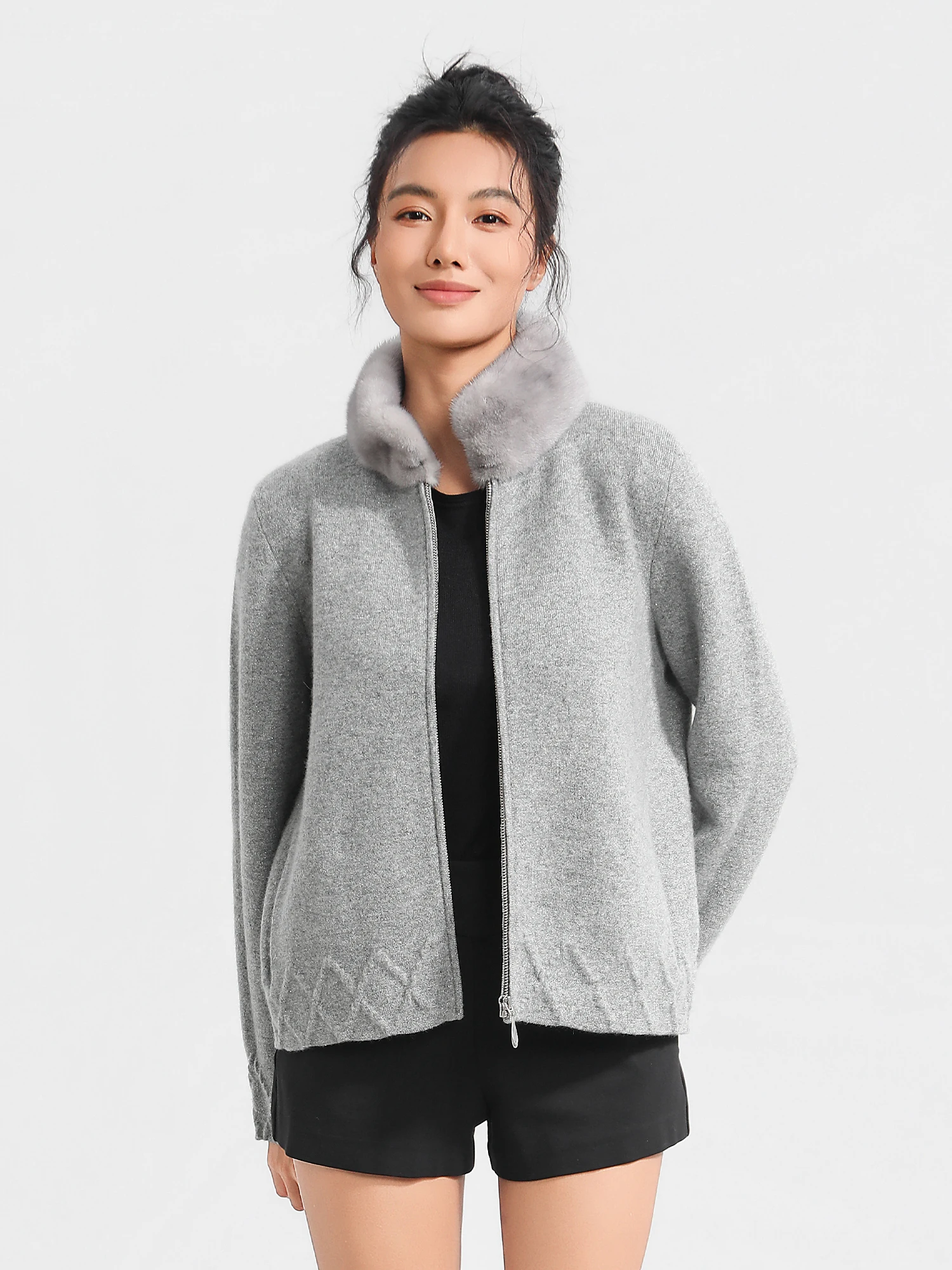 

Куртка Bello Pure Cashmere M225307 с воротником из норки: элегантная, простая, универсальная женская верхняя одежда для любого сезона