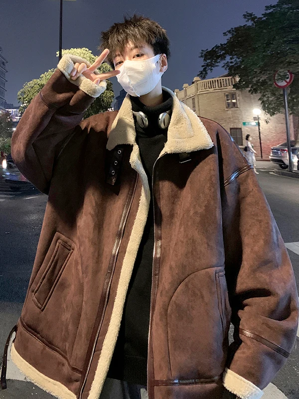 

Men's Suede Cotton Jaet Winter Thiened Lamb Fur Lined Biker Sle Coat Warm Casual Long Sve Zipper Closure Pure Color