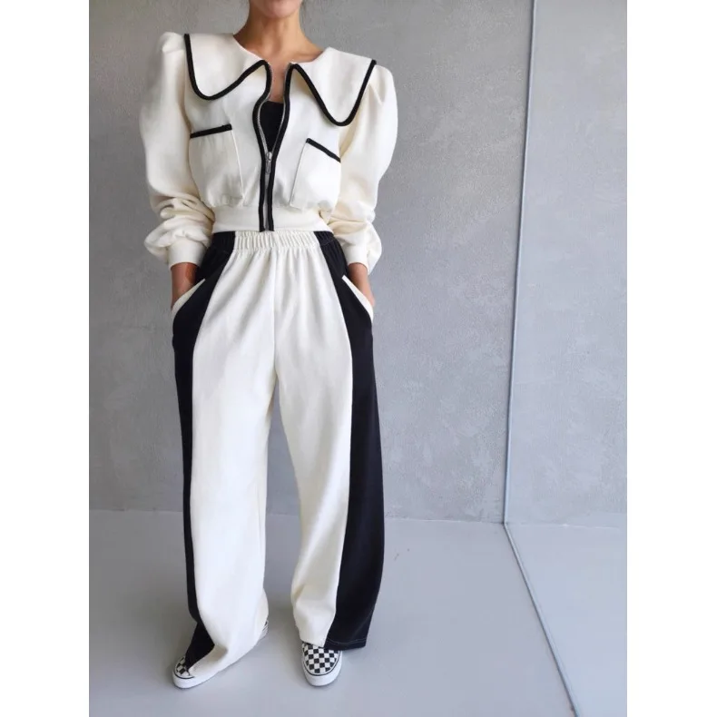 Top in felpa da donna coreano chic ort più pantaloni larghi abbinati Set da due pezzi Design casual versatile a colori