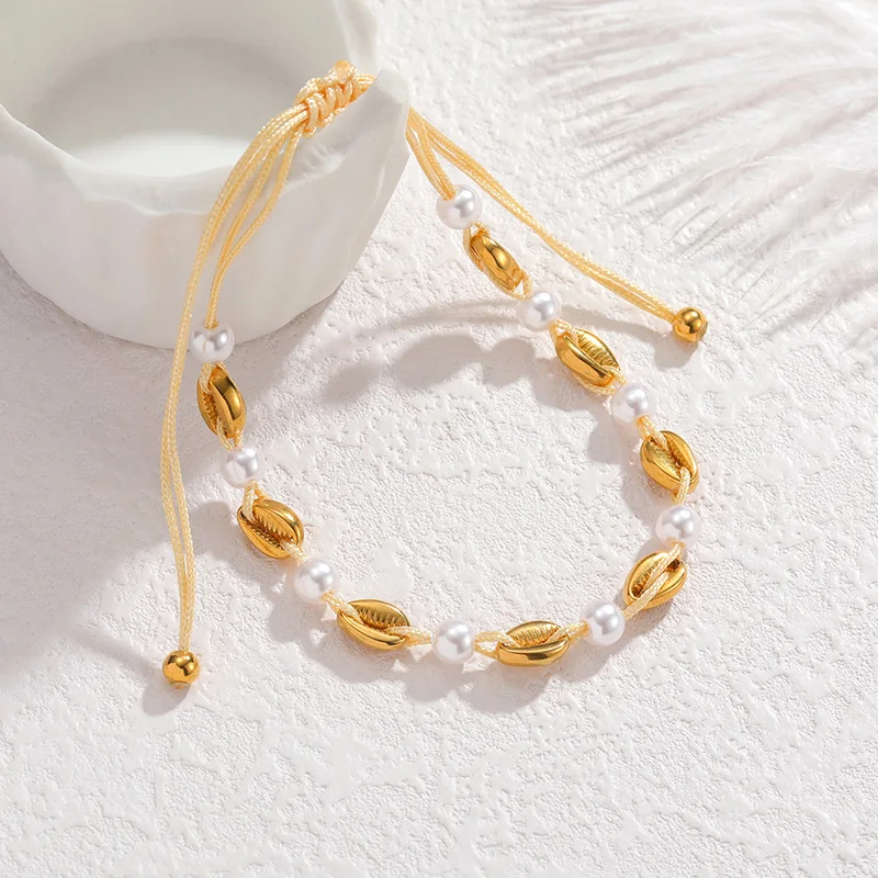 Letdiffery Boho Shell Necklace Bracelet Set Stainless Steel Cowrie Shell Beaded Chain Artifical Pearl Necklace Bracelet Jewelry