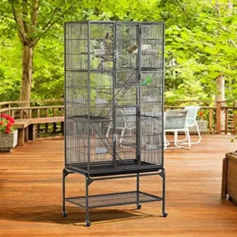 Solid Metal Bird Cage 69-Inch Large 3-tiers Black White Bird Nests for Parrots Cockatiels Aviary Parakeets Budgie Finch Breeding