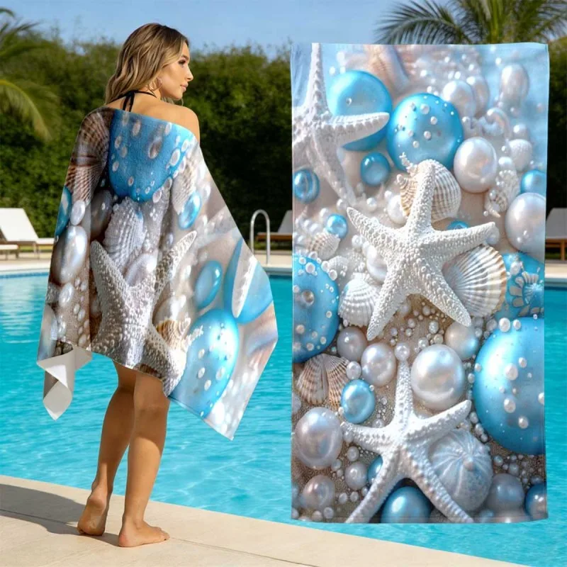 Luxury Pearl Coastal Style 3D Realistic Starfish Pearl Bubble Shell Print Quick Dry Large Beach Towel