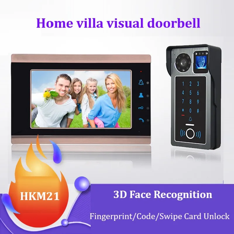 HKM21 Home Villa 3D Face Recognition Fingerprint Swipe Password Visual Color Doorbell Long-distance Intercom