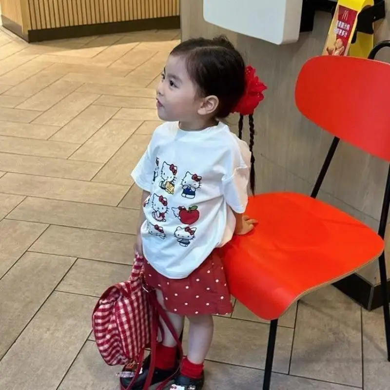 حار مرحبا كيتي الاطفال الكرتون تي شيرت سانريو فتاة القطن قصير الأكمام Kawaii موضة الترفيه لينة ملابس الصيف فضفاضة جديدة