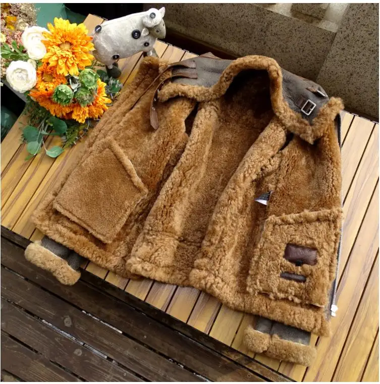 YR!Free shipping.Wholesales.Thick winter warm 100% fur jacket.Air force B3 tpye genuine shearling coat.Men real wool cloth.