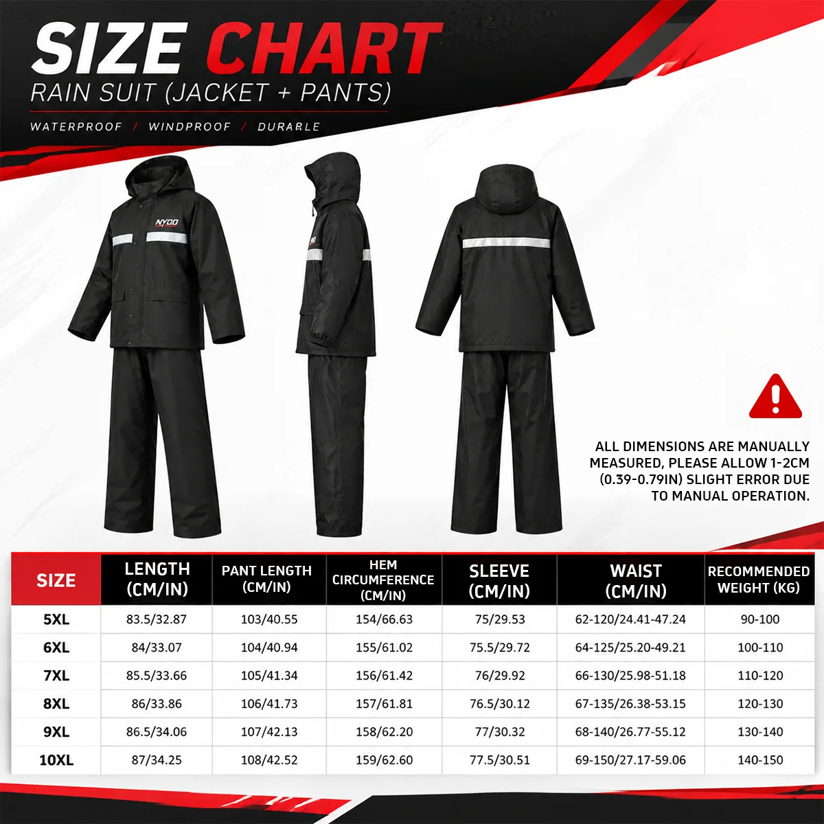 Motorcycle Rain Suit Men Women, Waterproof Raincoat Rain Pants Set with Reflective Strip, Hooded Rainwear for Motorbike Cycling