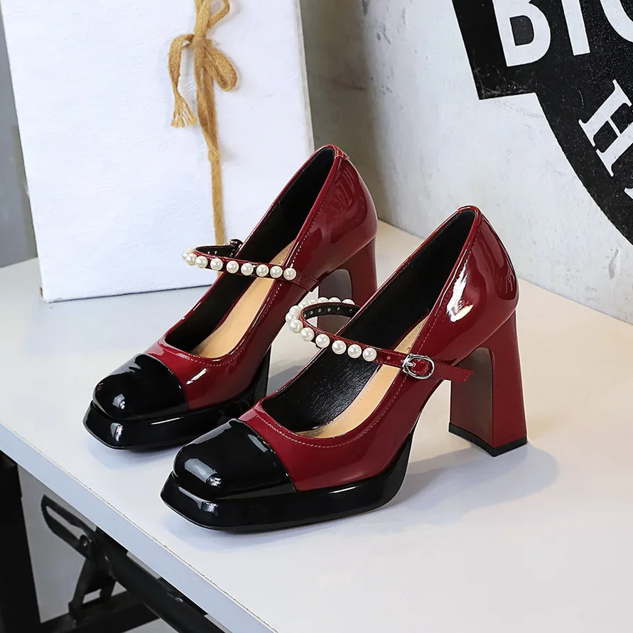 

Mary Jane Women's Shoes 2026 Spring/Summer Square Head Color blocked Light Mouth High Heels Single Shoes