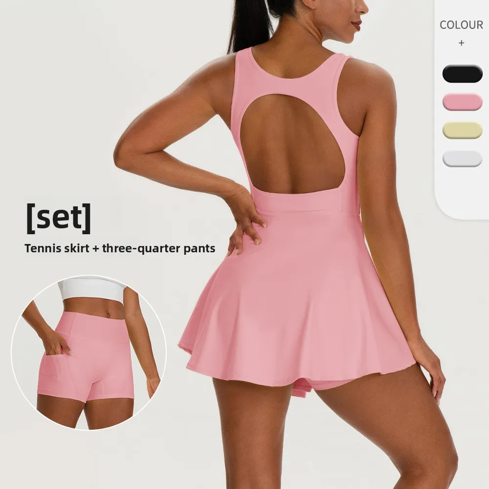 2-teiliges Set Neues Tenniskleid, Damen Anti-Glare Casual Fitness Yoga Kurzrock-Set, Outdoor-Sport Kurzrock Yoga-Sets