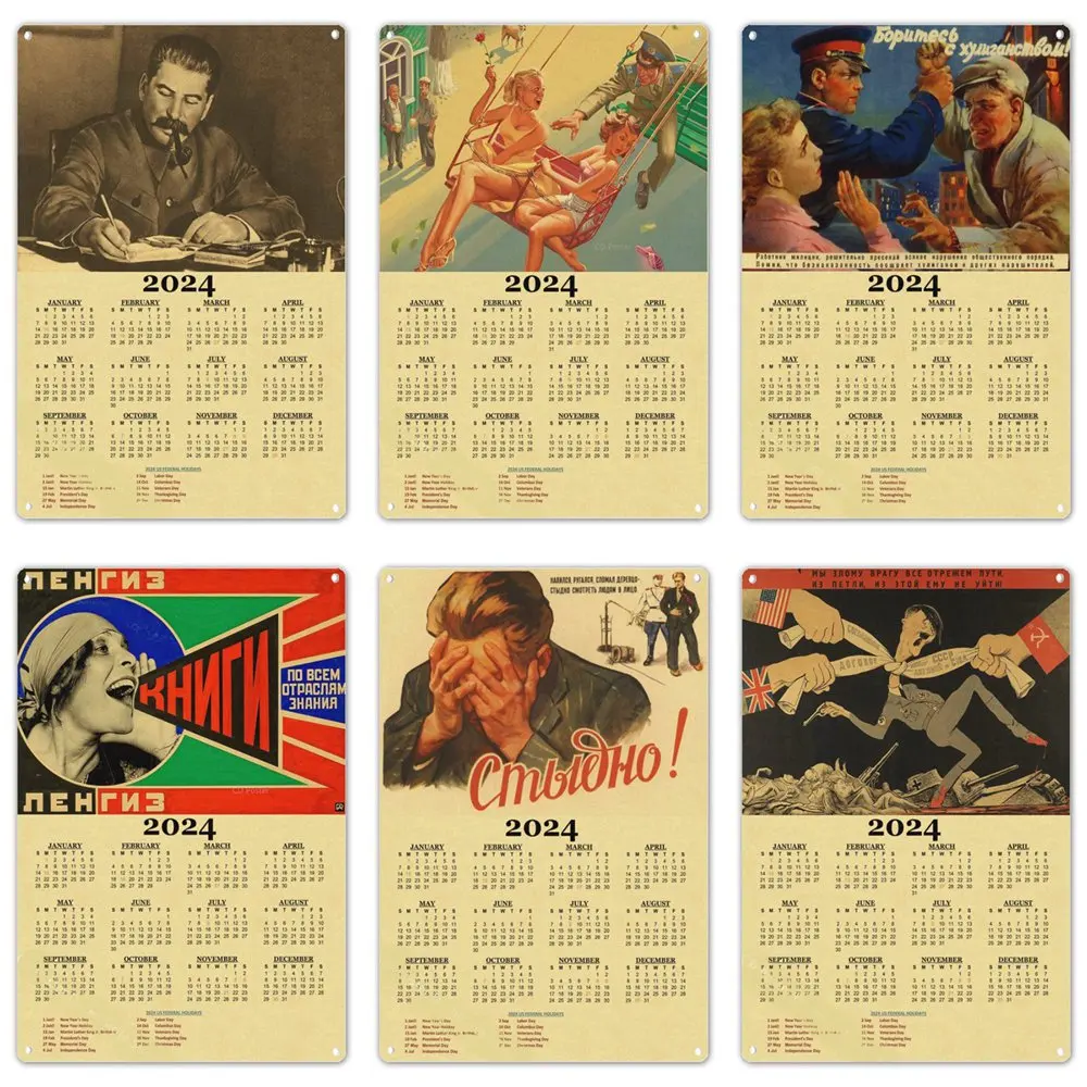 ブリキの看板カレンダー、ソビエト連邦cccp、ussr大統領stalin marx lenin、ヴィンテージの金属ポスター、家の壁の芸術の装飾、2024
