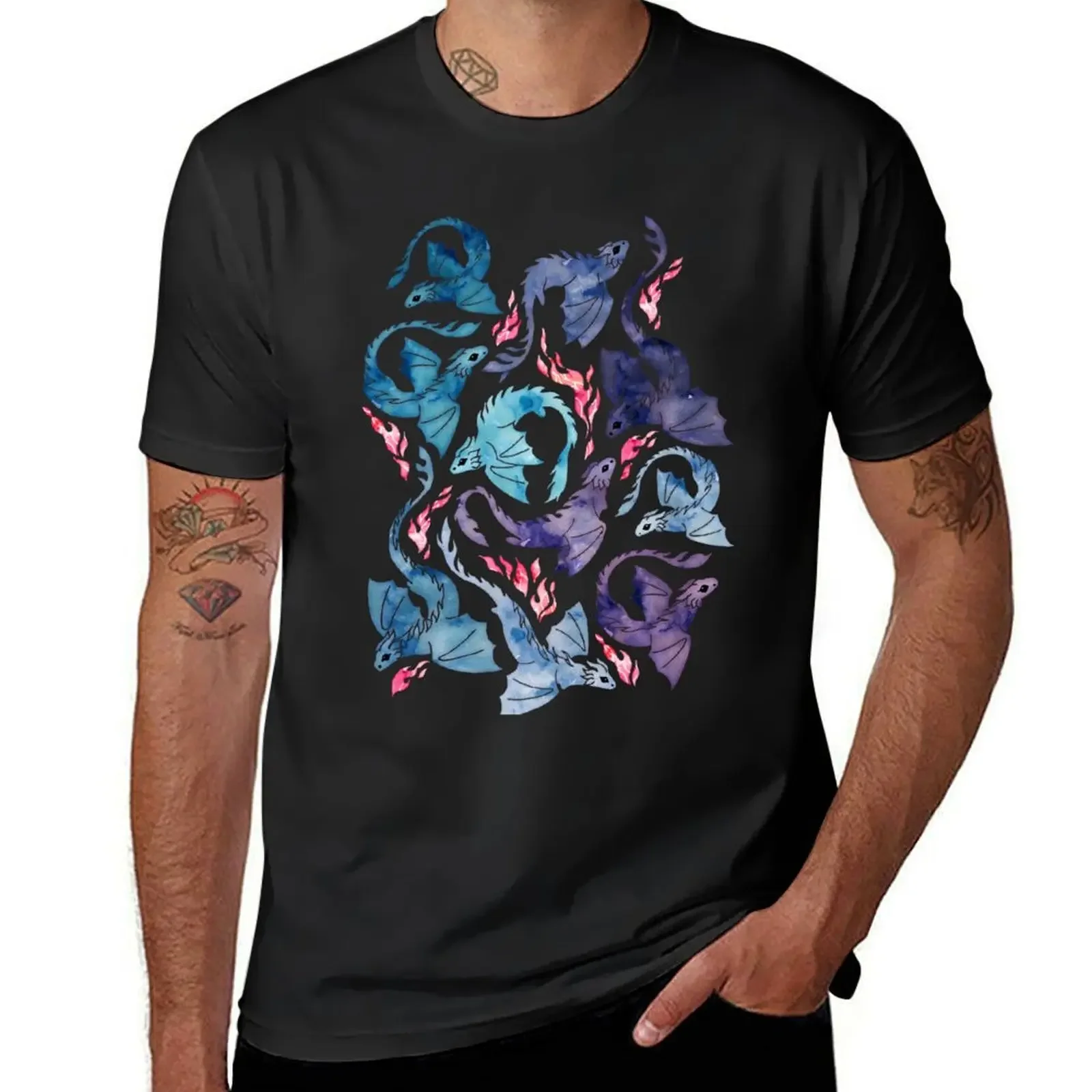 Dragon fire turquoise & purple T-Shirt vintage t shirts anime stuff cheap stuff Men's cotton t-shirt