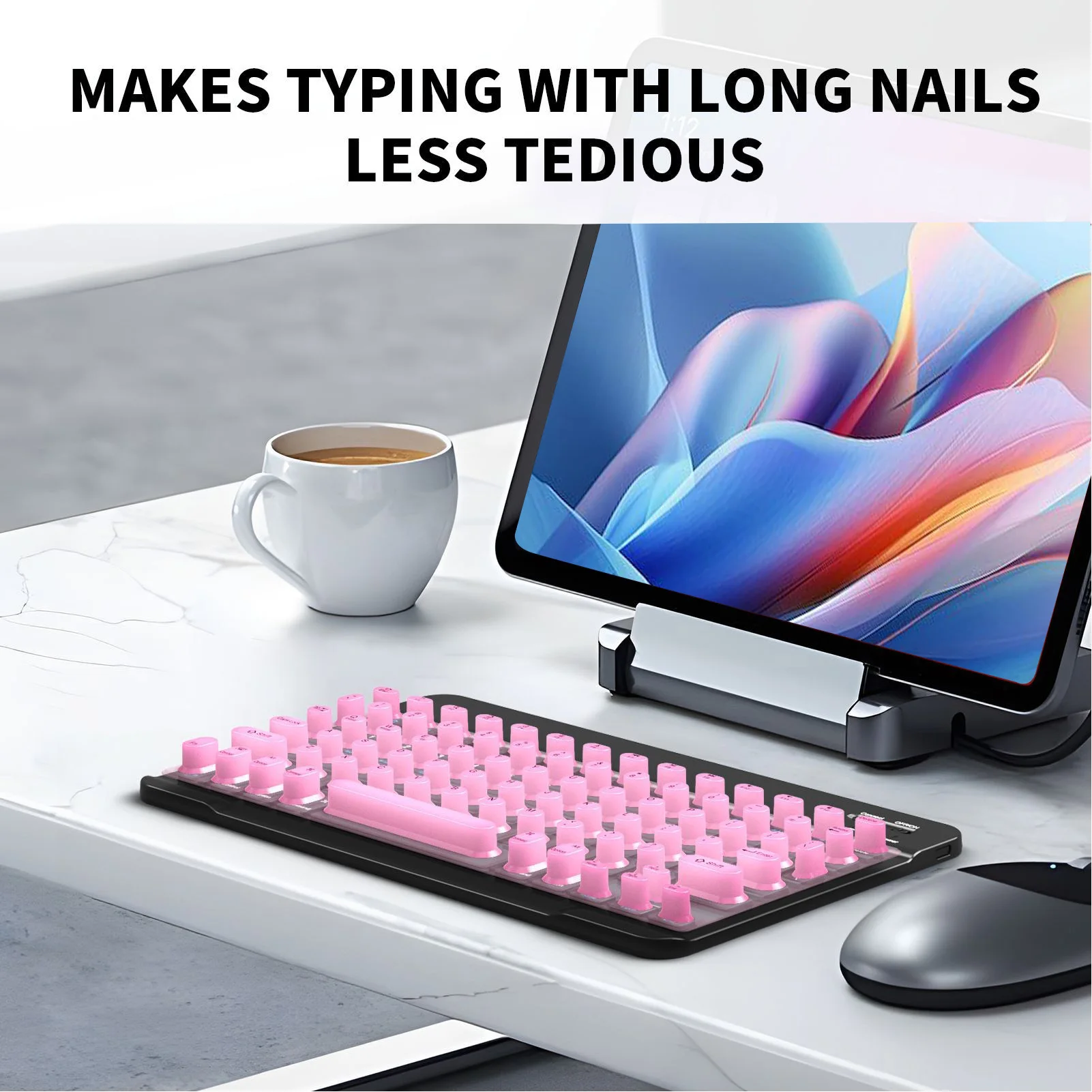 Rechargeable Keyboard Wireless Bluetooth Keyboard with Silicone Raised Protective Cover Slim Quiet Keyboard for Long Nail Women