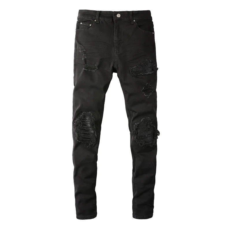 Herren Leder-Patch Biker-Jeans für Motorrad-Streetwear, Löcher, Ripped Patchwork Stretch-Denim-Hose, Schwarze Skinny Tapered Hose – Detail 14