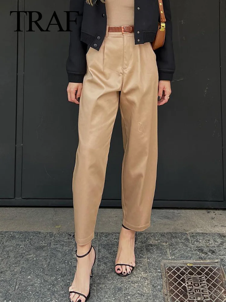 

TRAF 2023 Autumn Women Fashion Casual Loose Pants Pleated Zipper With Belted Women's Blended Straight Long Trousers Streetwear