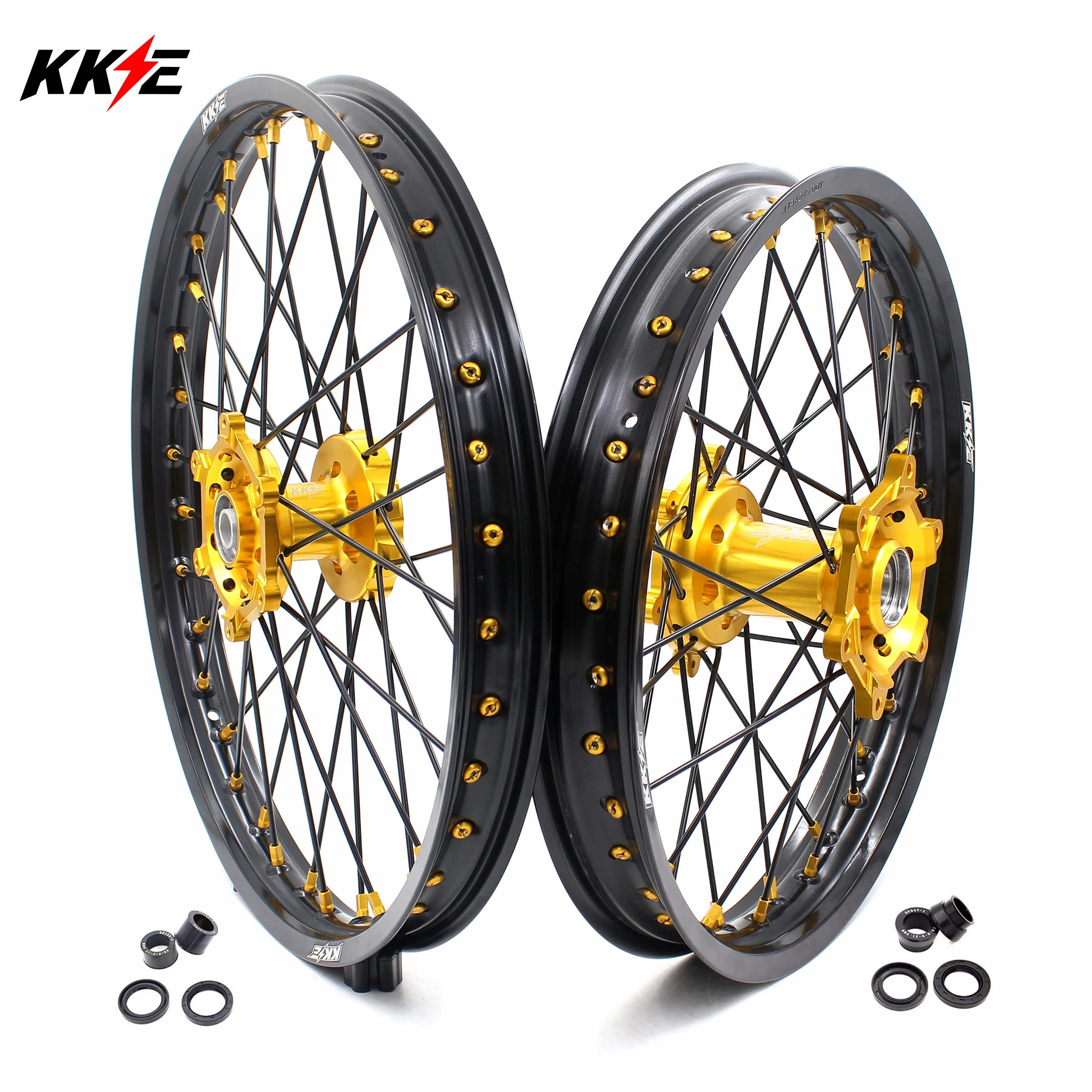 

KKE 21/19 Motorcycle Spoked Dirt Bike Wheels Rims Set Fit Suzuki RM125 RM250 1996-2008 With Gold Nipple and Blackened Spoke