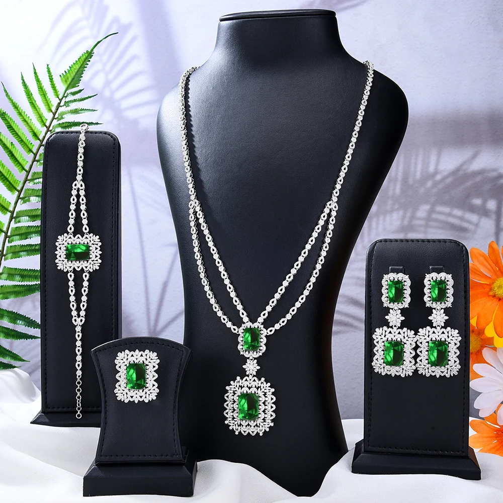 

Soramoore New 4pcs Long Chains Necklace Earrings Bracelet Ring 5A Zircon Dubai Bridal Jewelry Set For Women Wedding Party