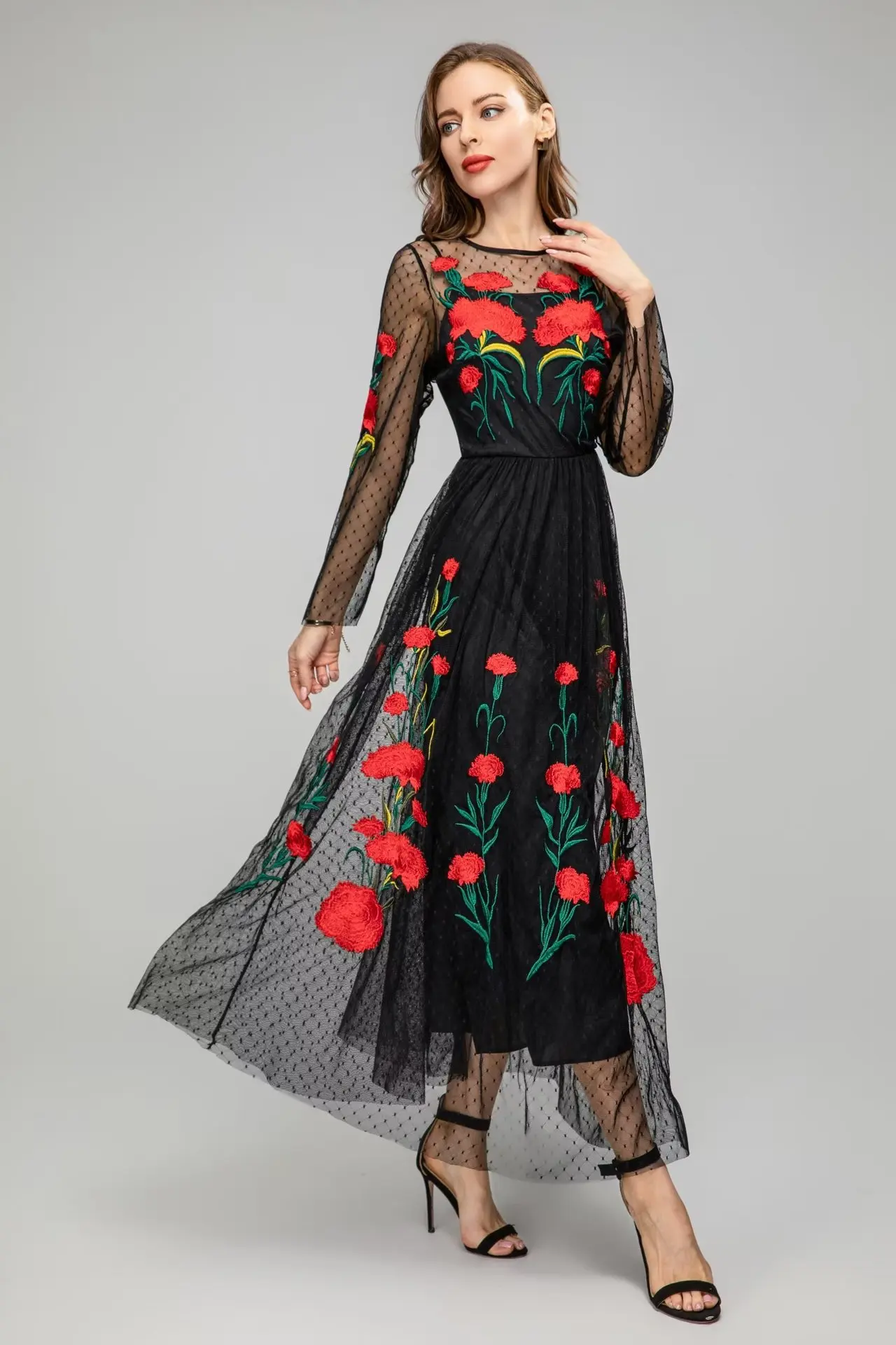 Vestidos femininos o pescoço mangas compridas bordado floral em camadas elegante moda maxi vestidos