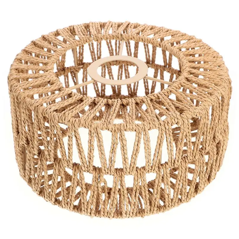 Straw Rope Woven Lampshade Grass Rope Rustic Ceiling Lamp Cover Pendant Lantern Lampshades Retro Style Iron Ceiling Woven Decor