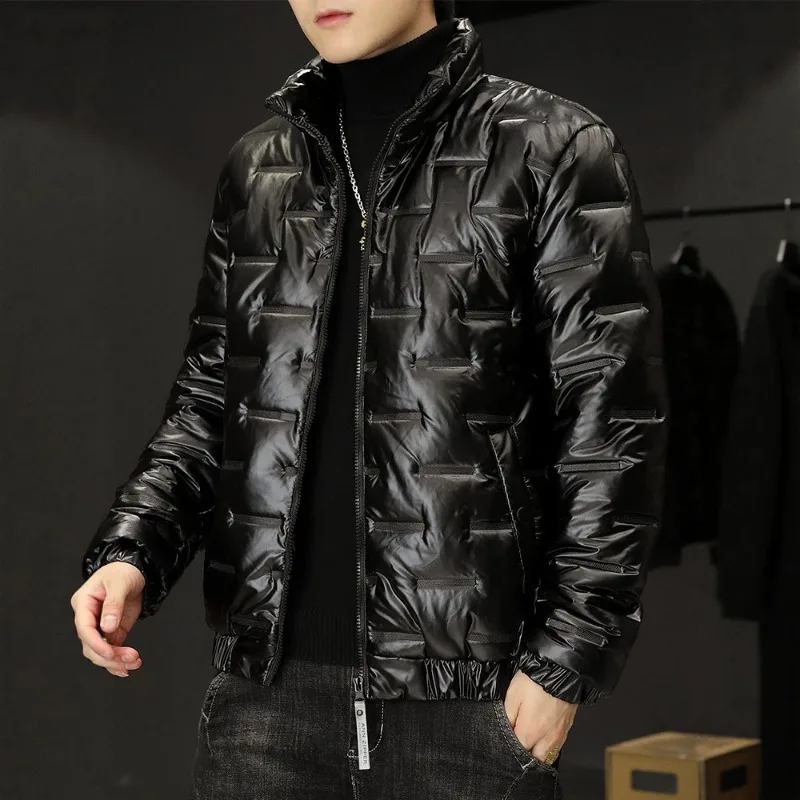 Men Shiny Hooded Puffer Jacket Zip Up Lightweight Quilted Cotton Coat Windproof Warm Short Outerwear Casual Hooded Padded Coat view 4