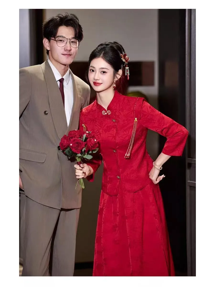 

Red Chinese Sle Wedding Dr Long Mid-Length New Year Bride Robe New Home Visit Ceremony Ele Sensation Thousand Gold Wind