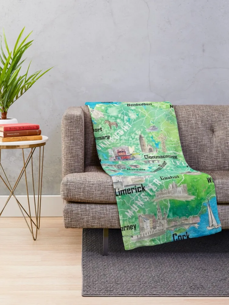 Ireland Illustrated Travel Map with Tourist Highlights - Signpost Edition Throw Blanket Summer Beddings Furry Blankets