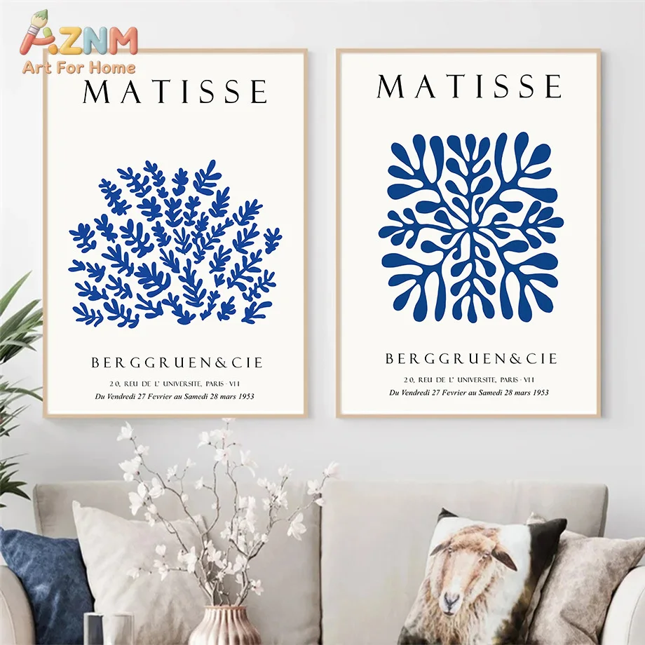 AZNM Matisse Blue Leaf Cutout Canvas Wall Art, Berggruen & Cie Exhibition Print Poster, Unframed Henri Matisse Abstract Botanica