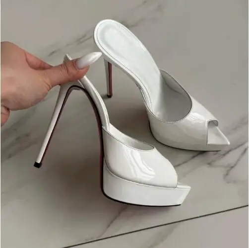 

Hot Women White Black Red Shiny Patent Leather Pointed Peep Toe Platform Stiletto Pumps Female Thin High Heel Modern Slippers