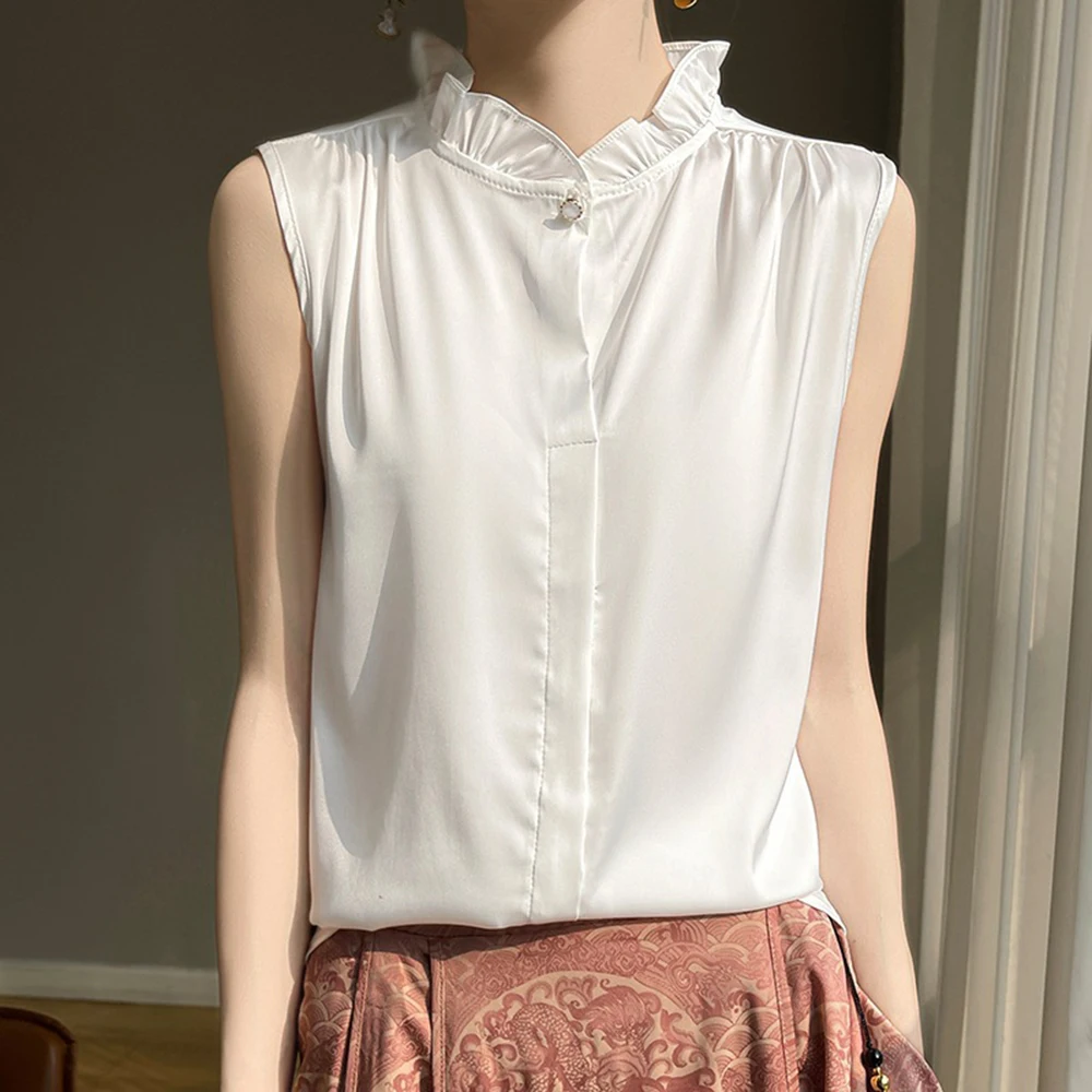 Round Neck Sleeveless Satin Top for Women Polyester Solid Color Minimalist Shirt Spring Summer Autumn Winter Ready