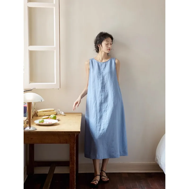 2025年夏新作 フレンチスタイル ベスト リネンワンピース ノースリーブ Oネック 無地 ラッフルヘム Aライン タンク ロングワンピース レディース エレガント N784
