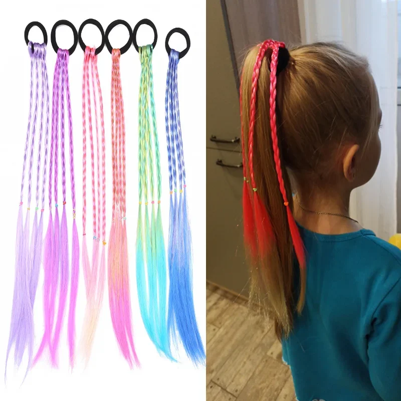 1pc Gradient Colorful Braid Synthetic Hair Ponytail Rope Tie Girl Princess Color Tail Wig Children's Styling Accessories Braider