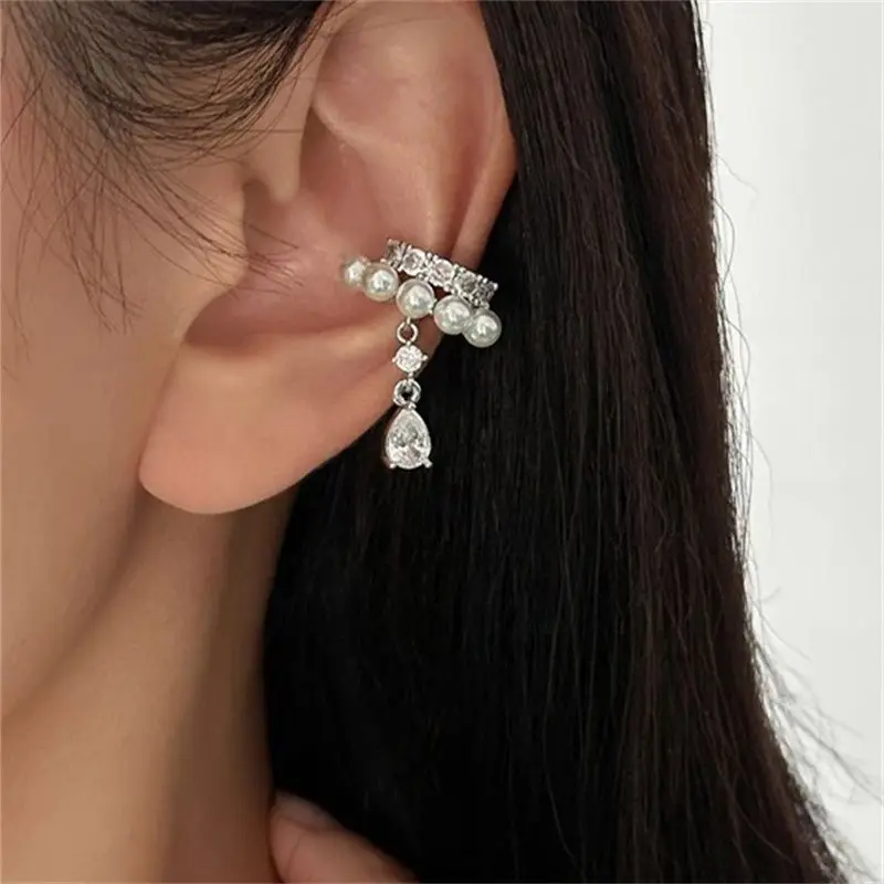 2 Stück glänzende Wassertropfen-Zirkon-Anhänger-Clip-Ohrringe für Damen, doppellagig, C-Form, Kristallperle, kein Piercing, Ohrclip-Manschette – Detail 8