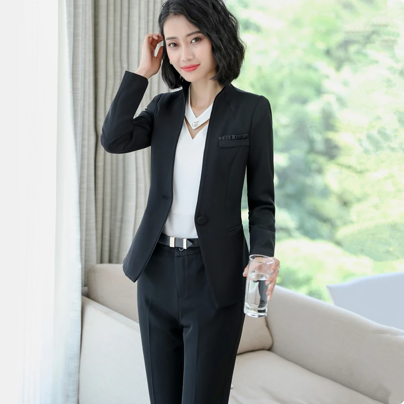 NAVIU mode femmes gris costumes nouveau automne hiver professionnel à manches longues Blazer et pantalon bureau dames vêtements de travail noir