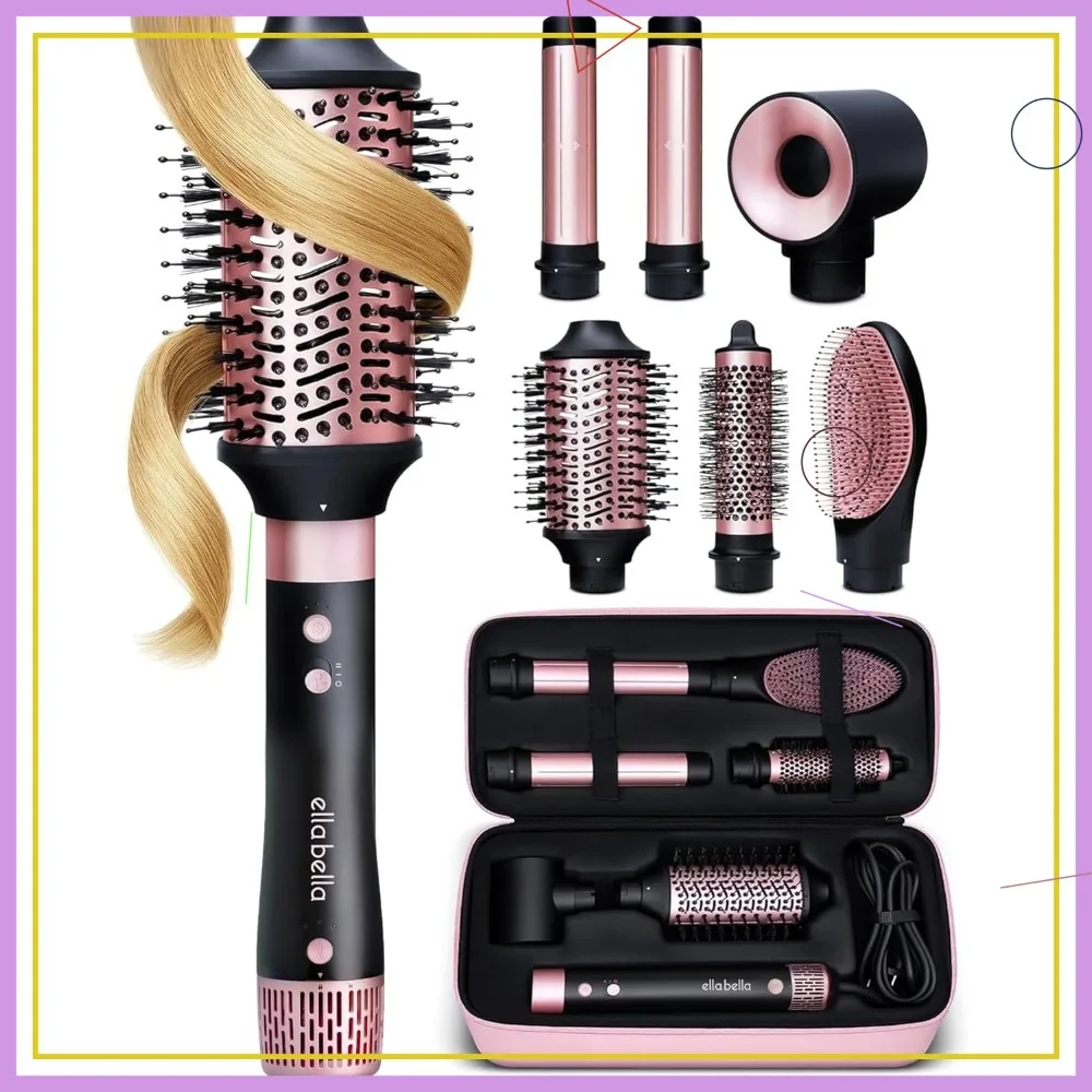 6 in 1 Professional Hot Air Styler: Fast Drying, Curling, Volumizing & Straightening with Protective Travel Case