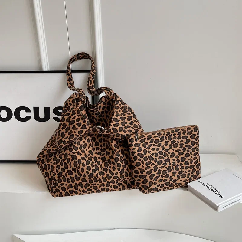 

European and American Style Canvas Bag Fashion Lazy Style Leopard Print Tote Bag Casual Shoulder Bag Mother Child Two-piece Set