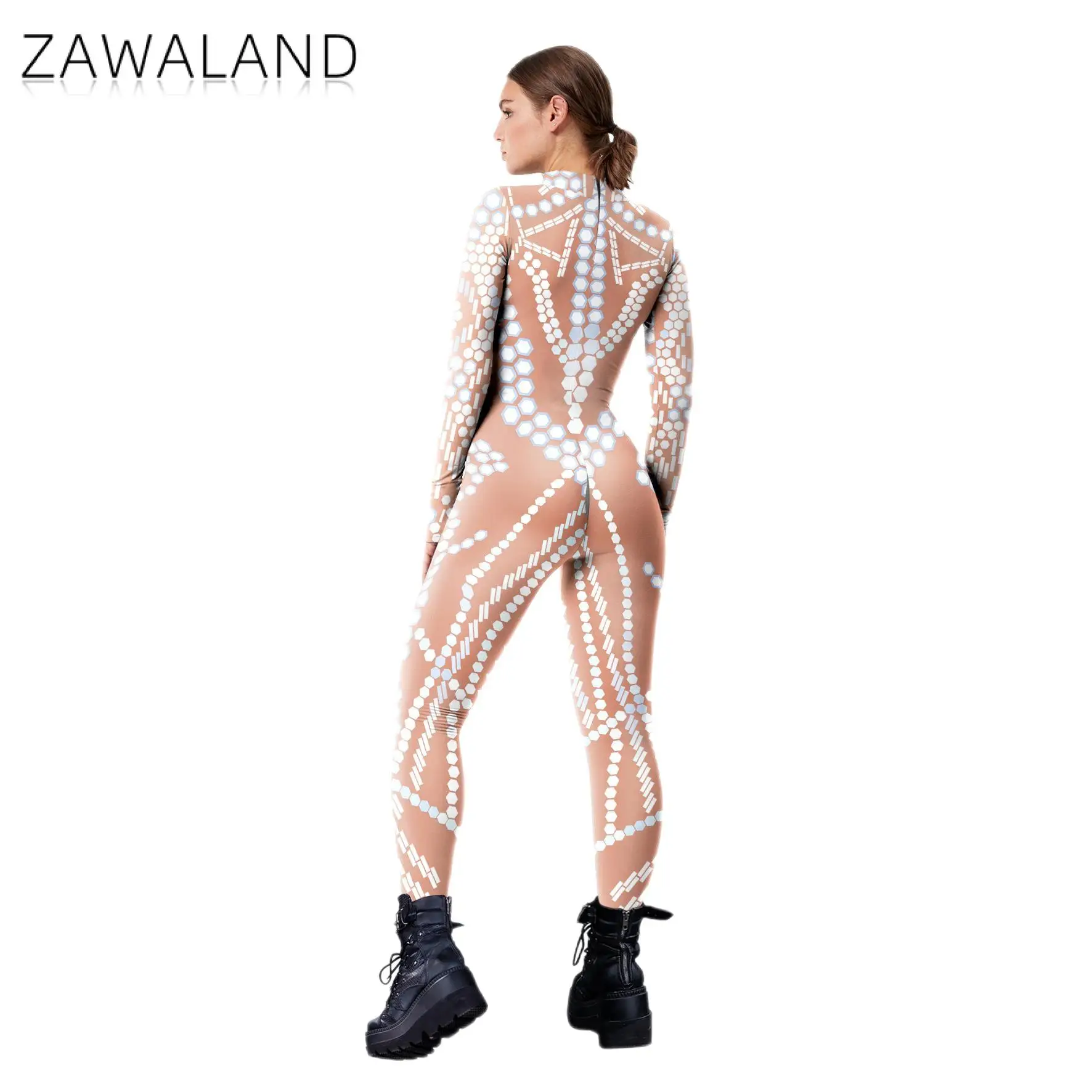 Zawaland Women Bodysuits Fashion Sequin Pattern Cosplay Costume Adult Zentai Fitness Long Sleeve Jumpsuits Zipper Party Outfit