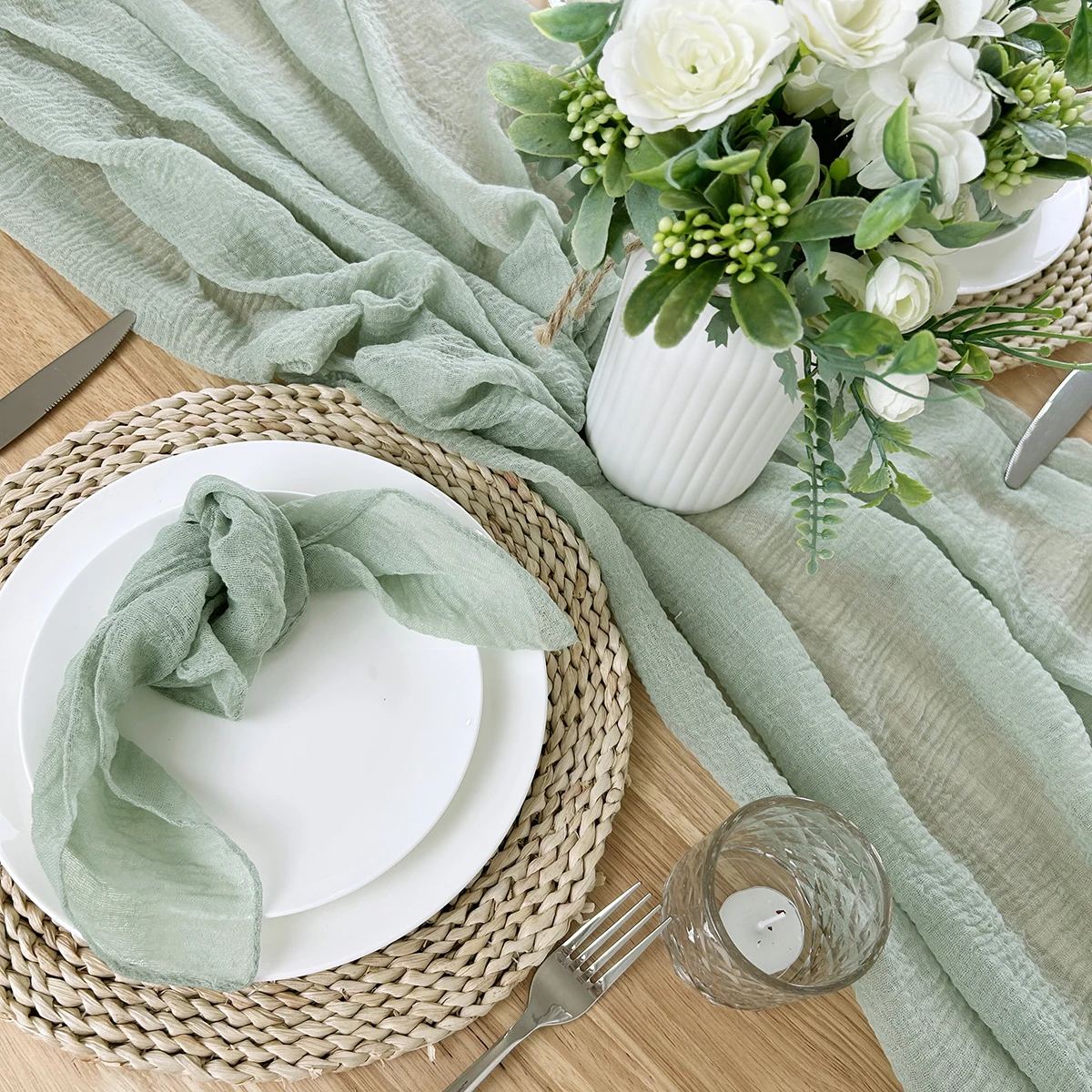 Cheesecloth Sage Green Table Runner Boho Tablecloth Gauze Fabric for Bridal Wedding Baby Shower Decor Valentines Birthday Party