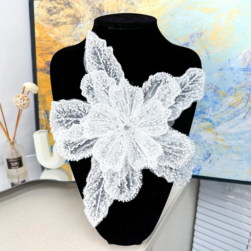 Sequin Beaded Flower Collar Applique White Lace Embroidered Patch Corsage DIY Decorative Wedding Dress Clothing Accessories