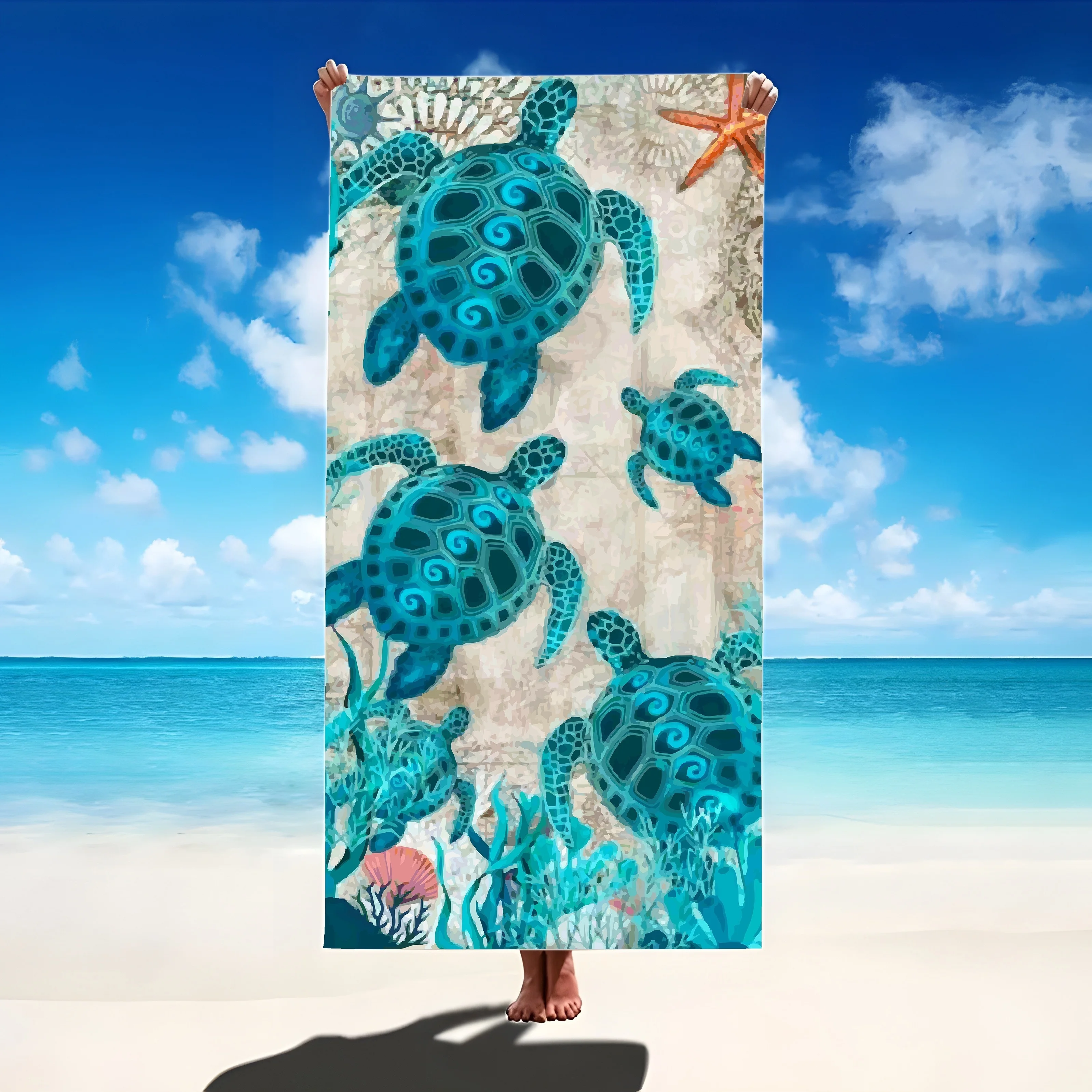 Tropical Teal Sea Turtle Print Beach Towel Coastal Underwater Quick Dry Towel for Summer Beach Vacation and Poolside Lounging