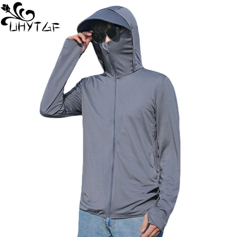

UHYTGF Summer Sunscreen Clothing Coat Men Hooded UV Proof Breathable Outdoor Cycling Male Jacket Ice Silk Thin Shirt For Men 369