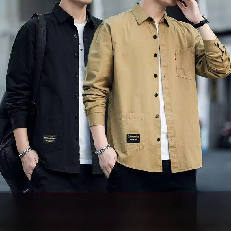 Men's Long Work Shirt Multi-Pocket Durable Outerwear for Spring Autumn Outdoor Wear PU Leather Polyester Fiber Workwear
