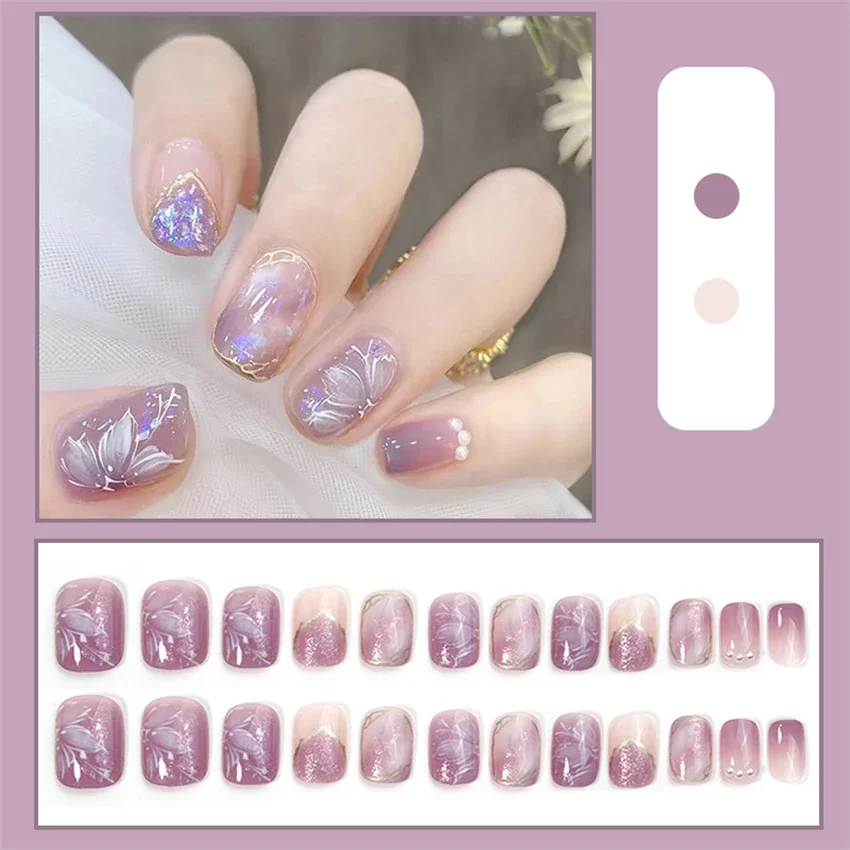 24Pcs/Set French Diamond Encrusted Wearing false nails Full Coverage Removable Fake Nail Adhesive Artificial Press On Nail Tips