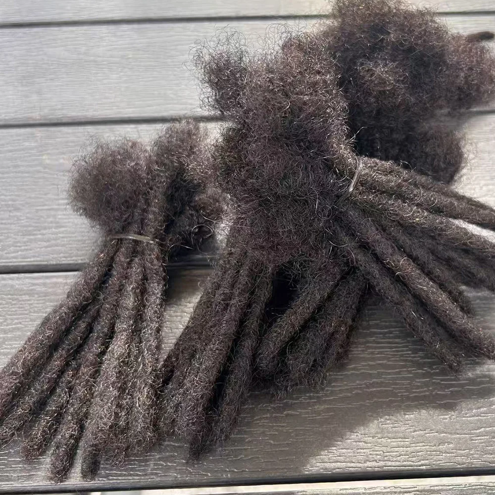 100%人毛ドレッドヘアエクステ、完全手作り、卸売、幅0.6cm、ナチュラルブラック、女性男性用エクステ