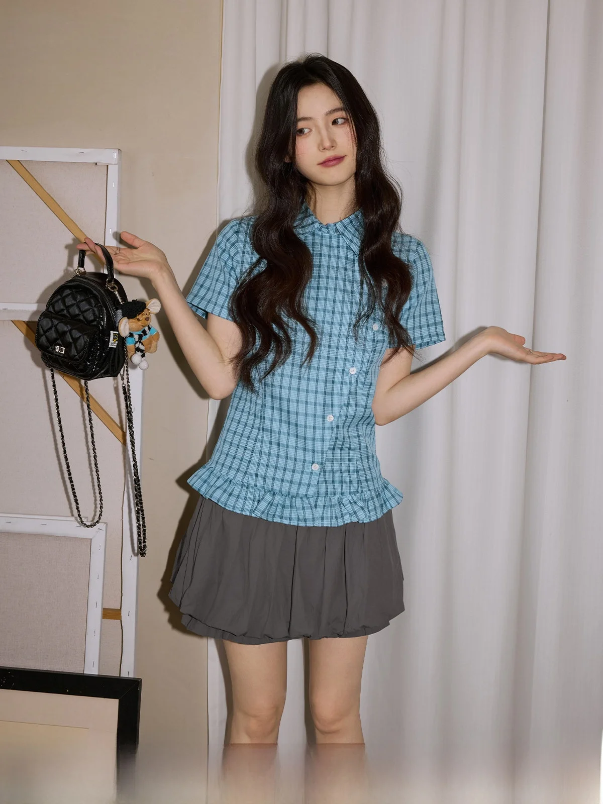 

Женская рубашка с коротким рукавом в клетку, с эффектом утяжки талии, летняя модная новинка 2026 года