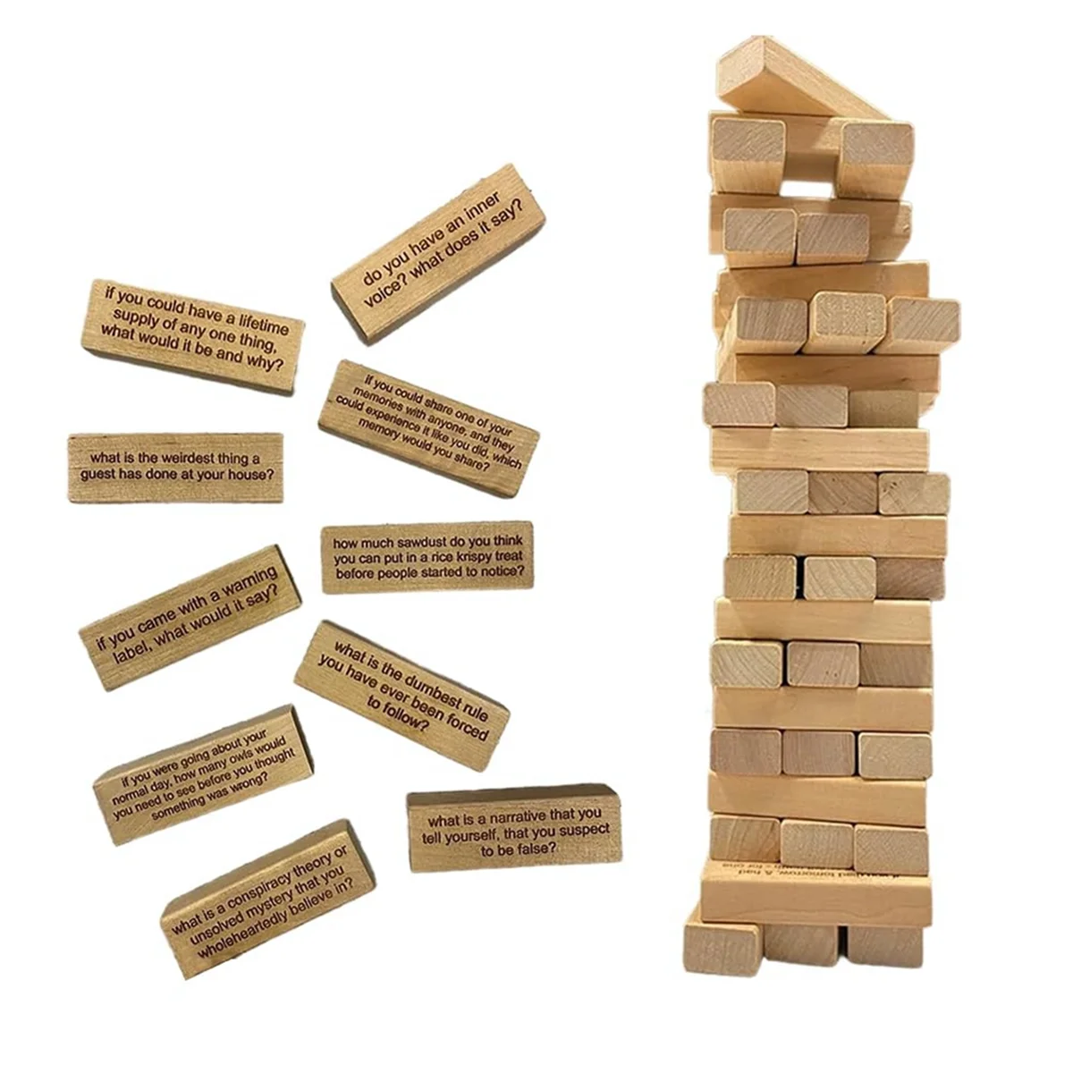 54 Pieces Questions Tumbling Tower Game, Giant Wood Stacking Game with Scoreboard, Ice Breaker Questions Tumbling