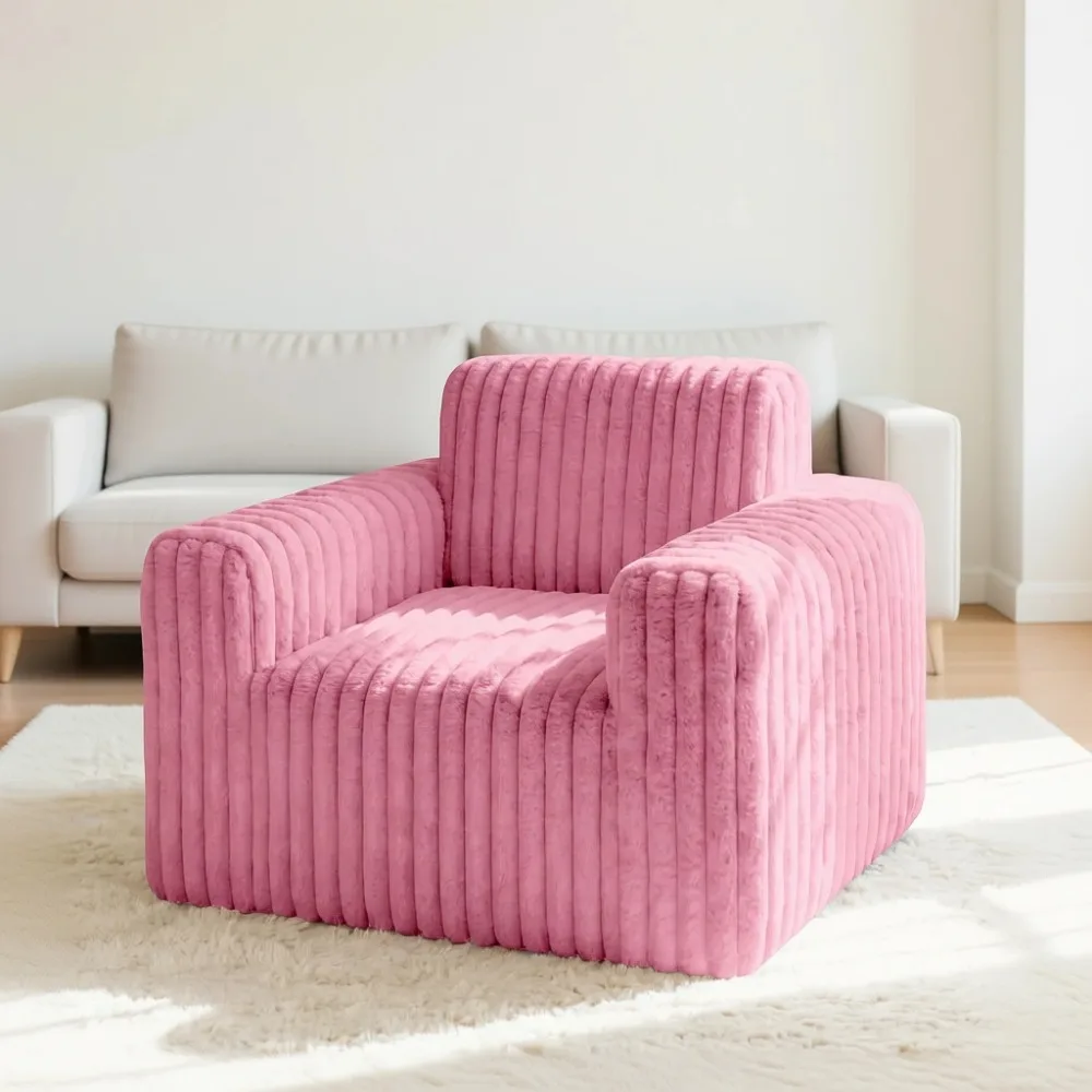 Large Pink Stripe Plush Adult Bean Bag Sofa High Back Wide Arms Slip Free Floor Lounge