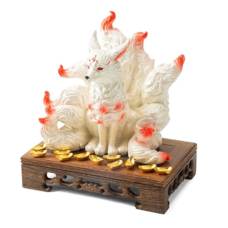 Nine-tailed Fox Ornament Resin Animal Statue Lucky Fox Figurine Crafts Office Desk Decoration Home Accessories Birthday Gift