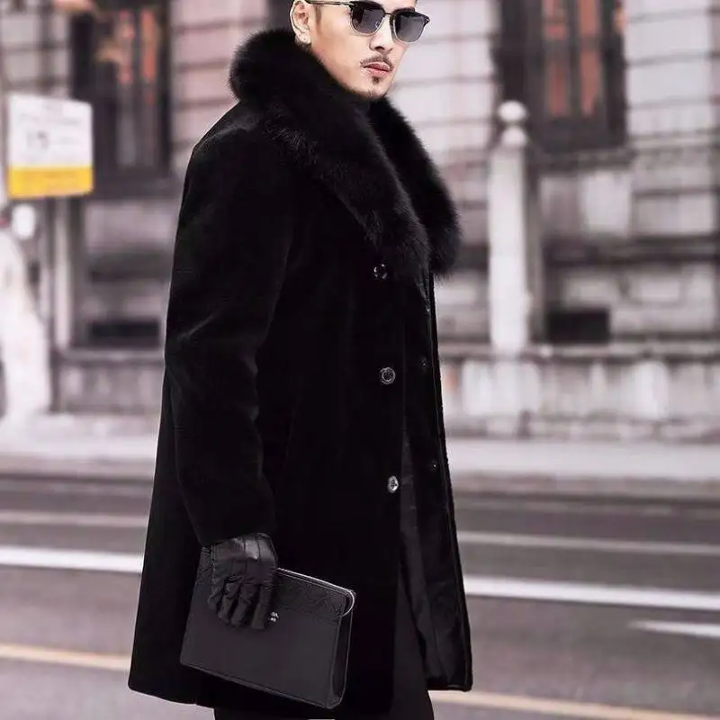 Winter New Men Faux Mink Fur Overcoat Fleece-Lined Thickened Long Section Imitation Fur Coat Fashion Large Size Hooded Parkas